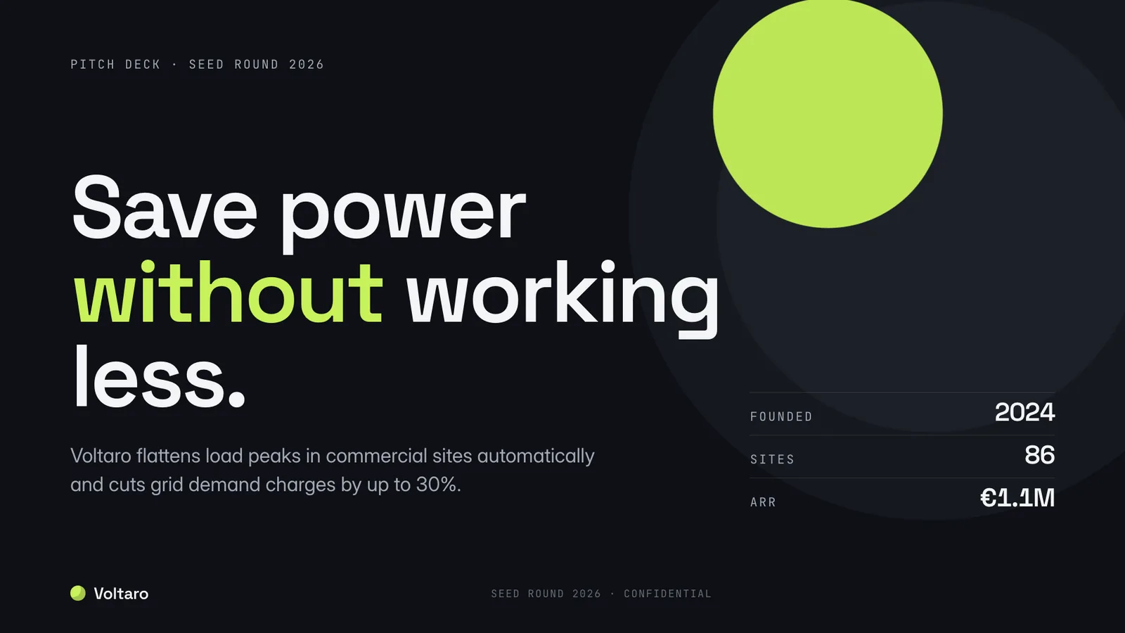 Pitch deck example, title slide: Voltaro, save power without working less