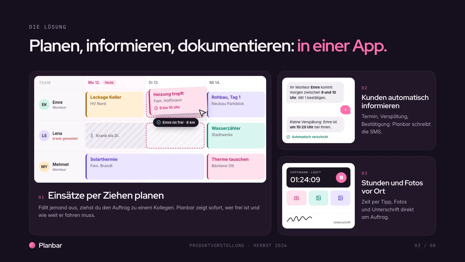 Produktpräsentation-Beispiel, drei Funktionen mit Ausschnitten der App: Einsätze ziehen, Kunden-SMS, Stunden und Fotos