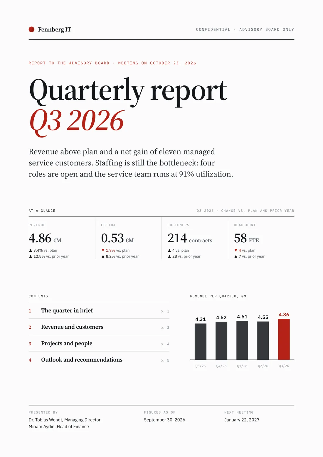 Report example, cover page: Fennberg IT quarterly report Q3 2026 to the advisory board with key figures at a glance