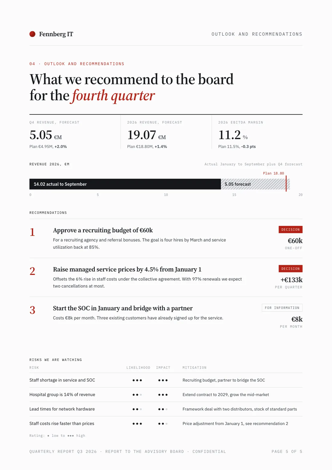 Report example, outlook and recommendations page: Q4 and full-year forecast, three recommendations to the board and a risk table