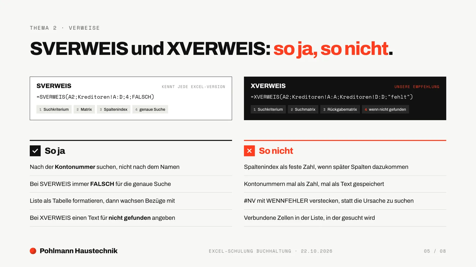 Schulungsunterlagen Beispiel, Folie So ja und so nicht bei SVERWEIS und XVERWEIS mit beiden Formeln im Vergleich