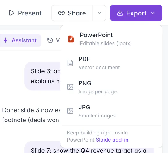 Export menu of a presentation in Slaide: PowerPoint (editable slides, .pptx), PDF (vector document), PNG (image per page), JPG (smaller images) and a link to the Slaide add-in for PowerPoint
