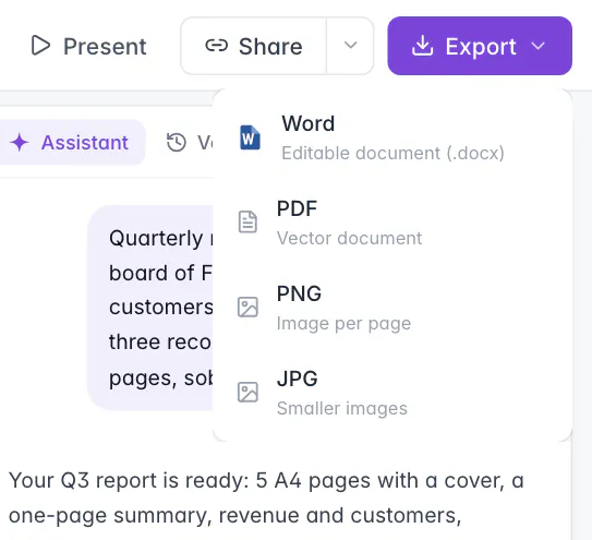Export menu of an A4 report in Slaide: Word (editable document, .docx), PDF, PNG and JPG