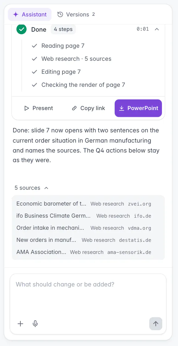 Slaide assistant panel after an edit with web research: the steps reading page 7, web research with 5 sources, editing page 7 and checking the render, the reply, and the opened list of 5 sources, each marked Web research with its domain