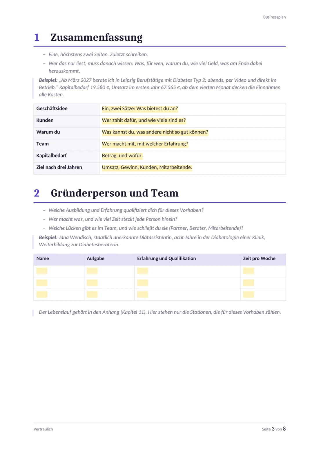 Businessplan Vorlage, Seite 3: Zusammenfassung als Tabelle und Teamtabelle mit Leitfragen und Beispiel
