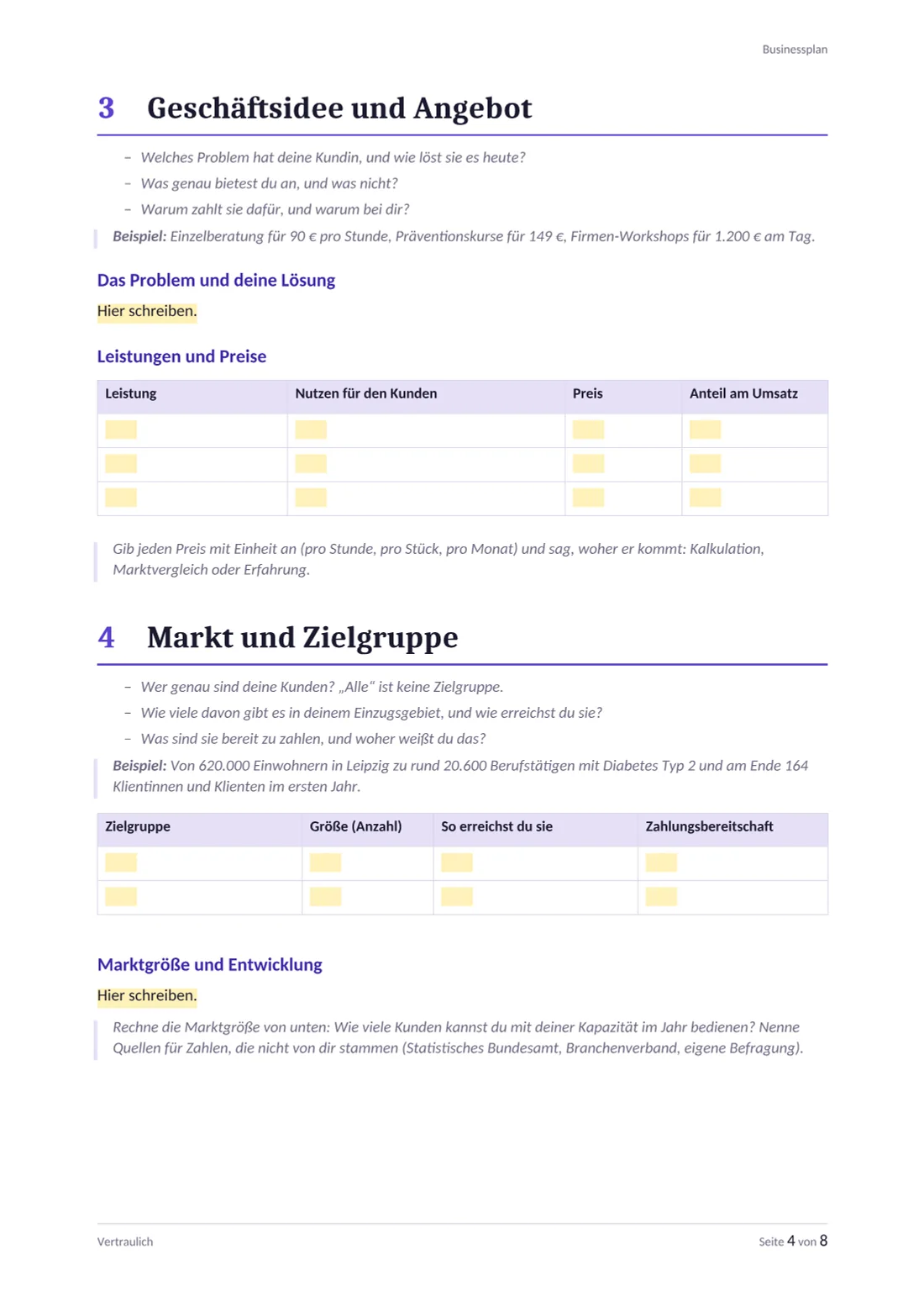 Businessplan Vorlage, Seite 4: Geschäftsidee mit Leistungstabelle, Markt und Zielgruppe mit Zielgruppentabelle