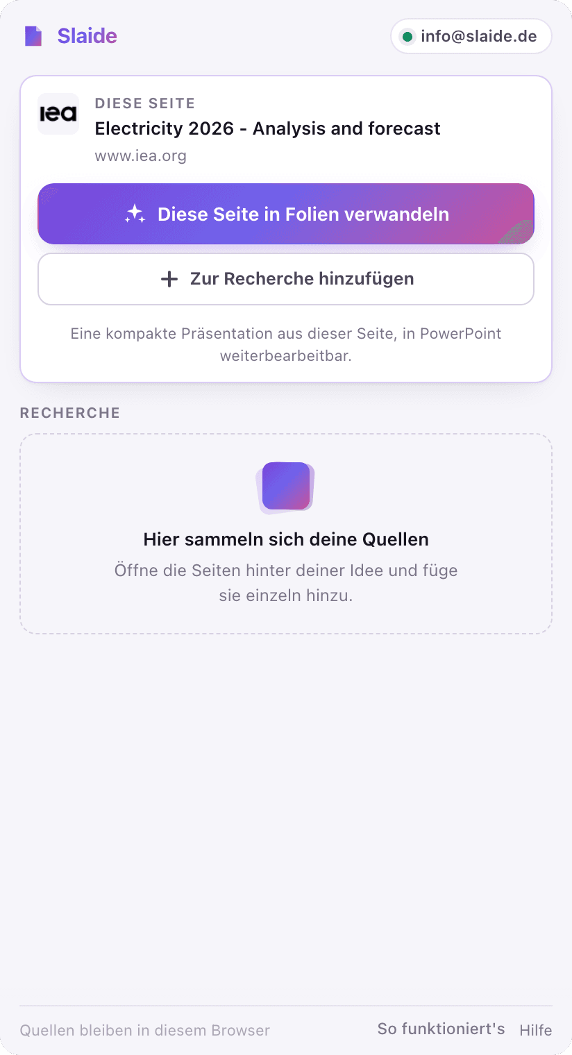 Slaide-Seitenpanel in Chrome mit dem Knopf Diese Seite in Folien verwandeln