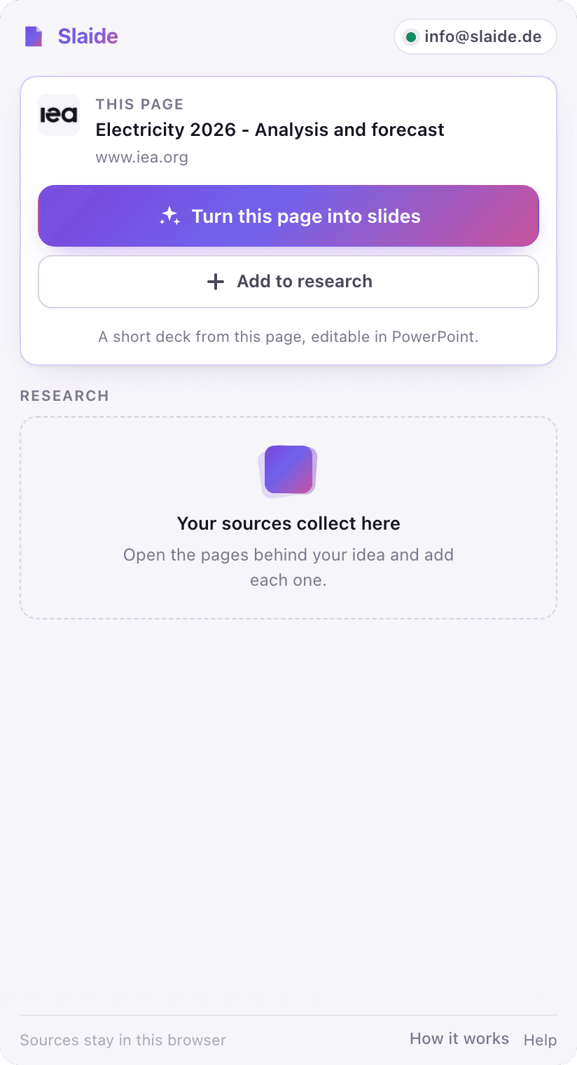 Slaide side panel in Chrome with the button Turn this page into slides