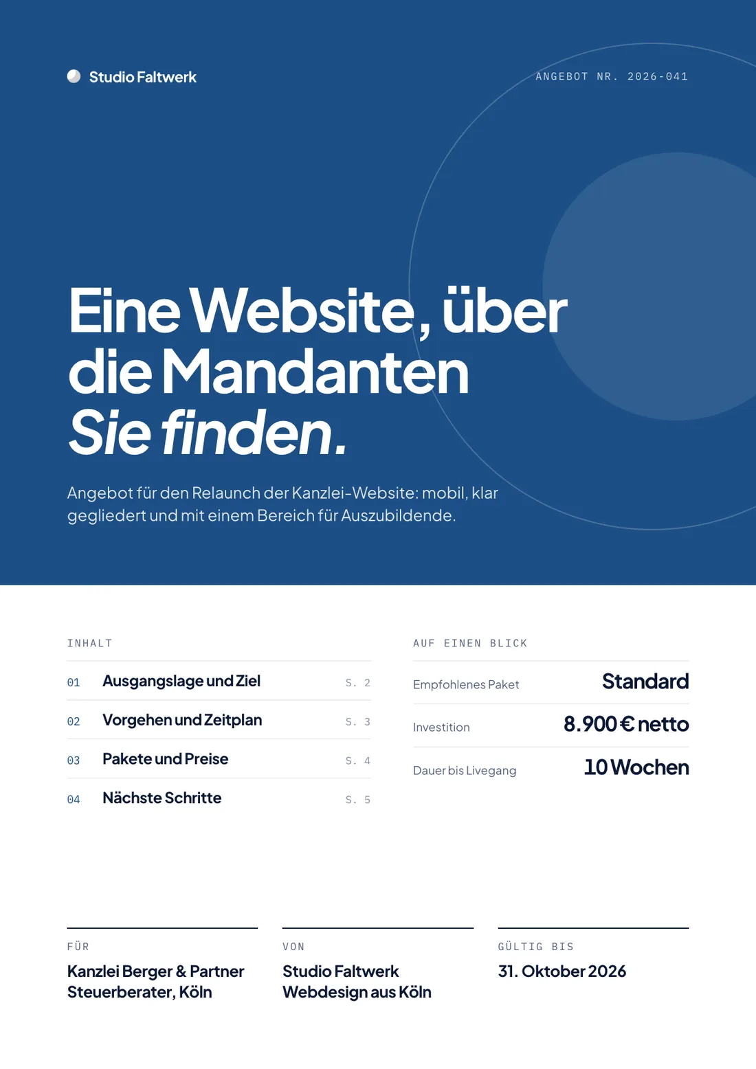 Angebot-Beispiel, Deckblatt: Website-Relaunch für die Kanzlei Berger & Partner