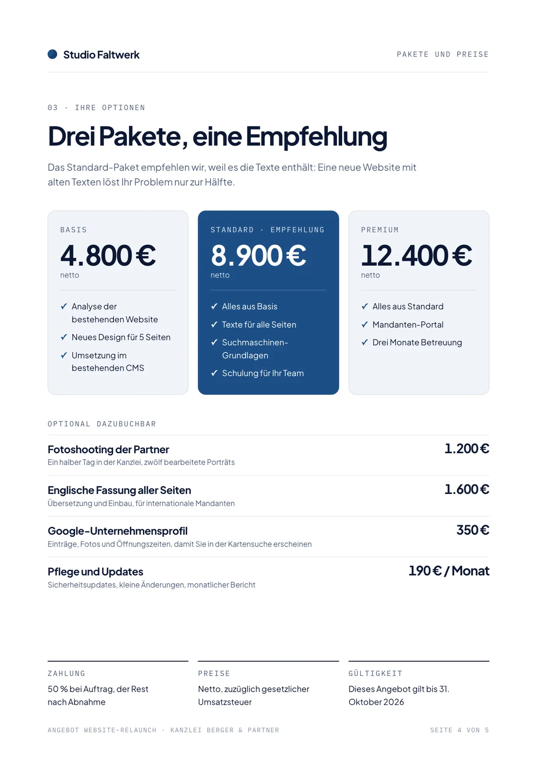 Angebot-Beispiel, Seite Pakete und Preise mit Basis, Standard und Premium