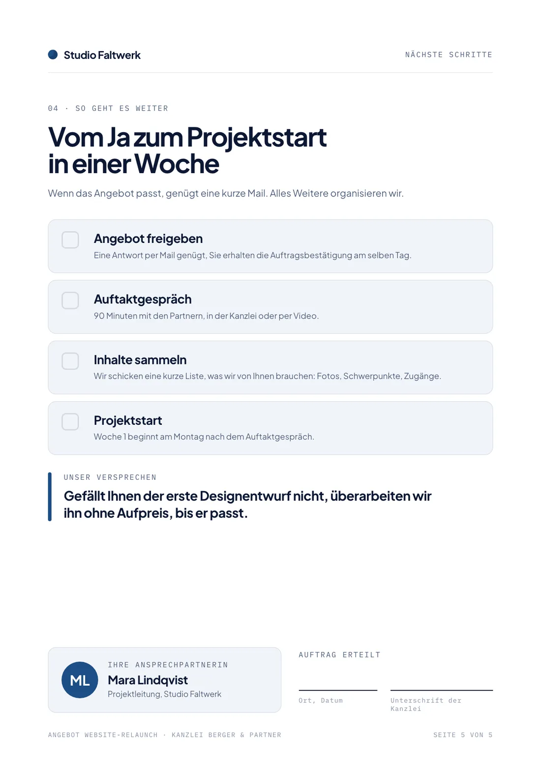 Angebot-Beispiel, Seite nächste Schritte mit vier Punkten bis zum Projektstart