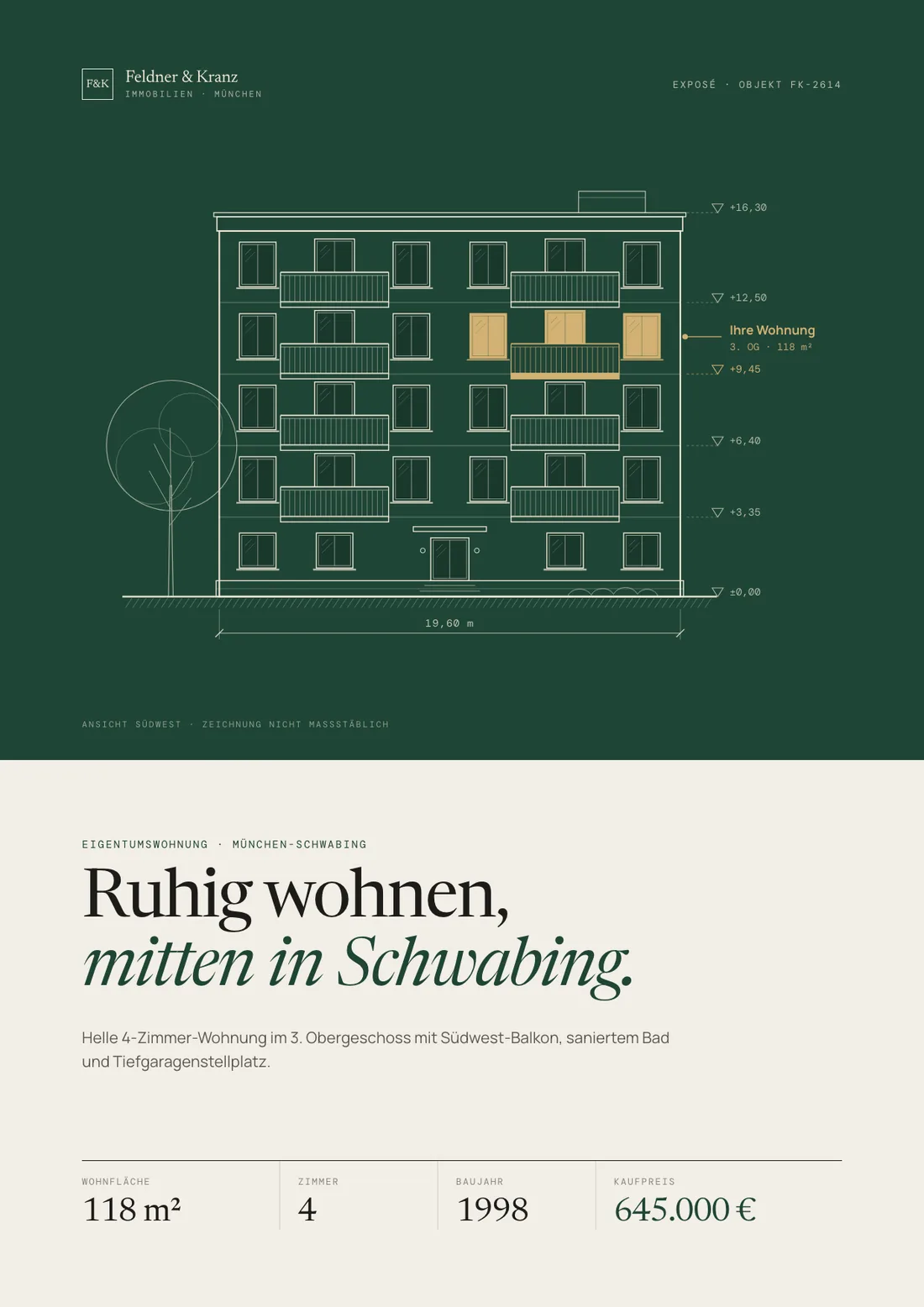 Exposé Beispiel, Titelseite: Fassadenzeichnung eines Wohnhauses mit markierter Wohnung im 3. Obergeschoss, 4-Zimmer-Wohnung in München-Schwabing