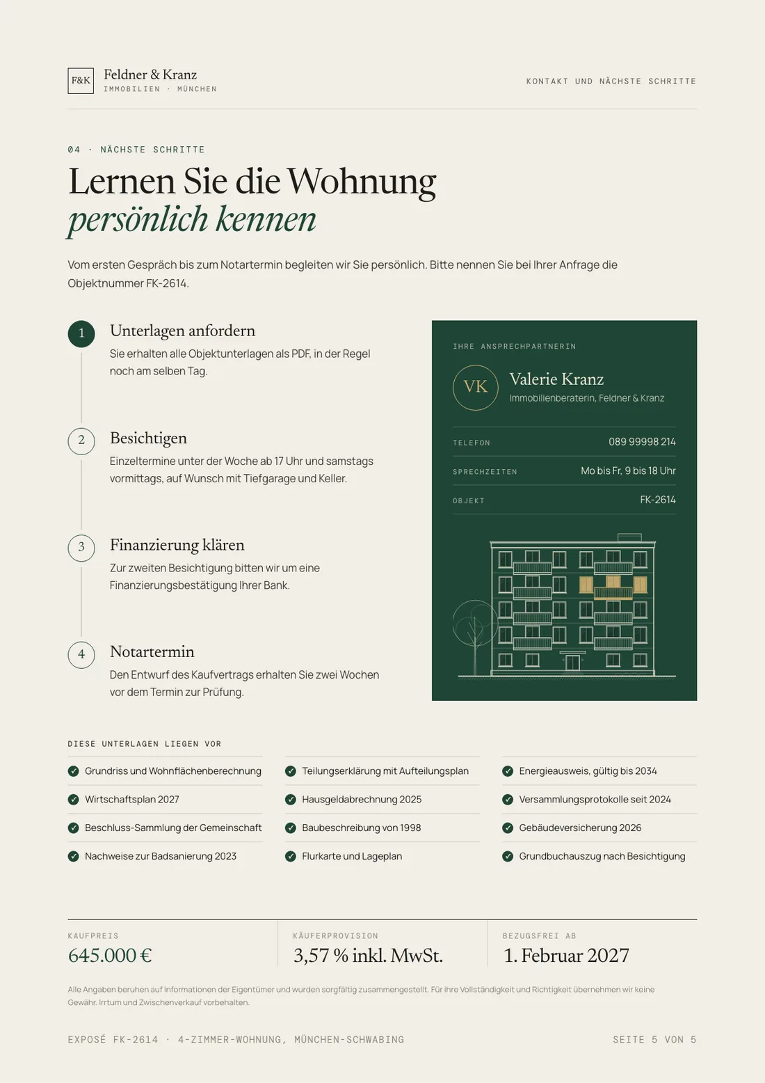 Exposé Beispiel, Seite Kontakt und nächste Schritte: vier Schritte bis zum Notartermin, Ansprechpartnerin und Kaufpreis auf einen Blick