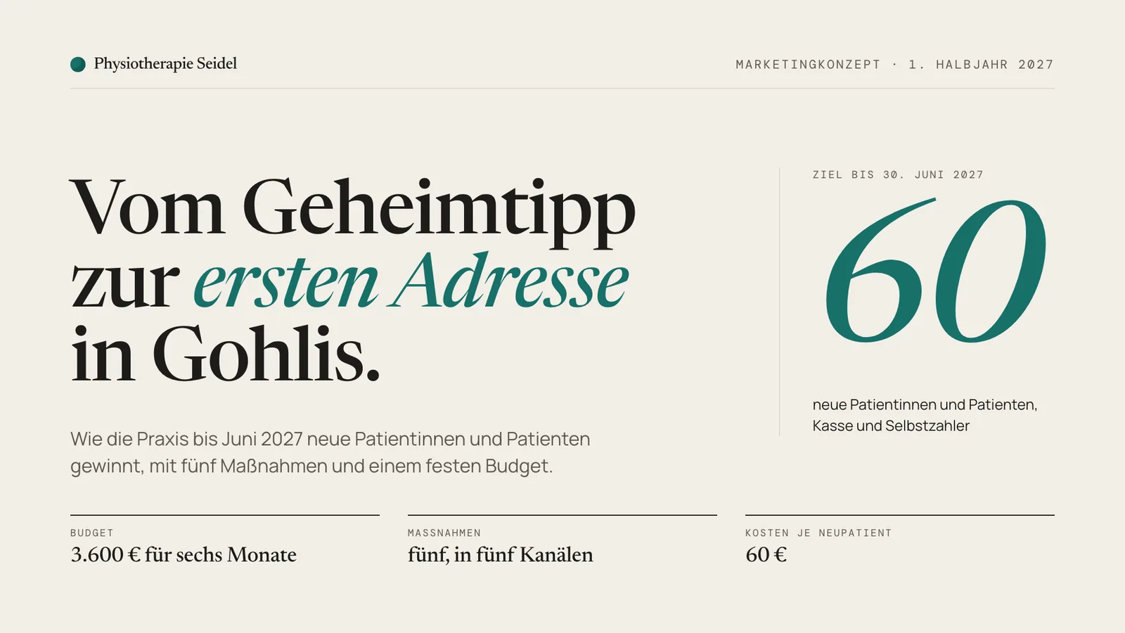 Marketingkonzept Beispiel, Titelfolie: vom Geheimtipp zur ersten Adresse in Gohlis, Ziel 60 neue Patienten im ersten Halbjahr 2027