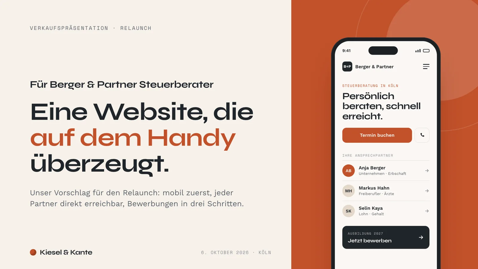 Verkaufspräsentation Beispiel, Titelfolie: neue Website für die Kanzlei Berger & Partner, daneben die mobile Startseite auf einem Handy