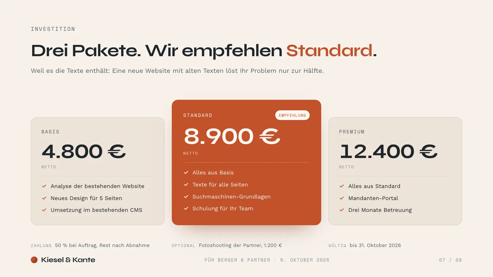 Verkaufspräsentation Beispiel, Folie Investition: Pakete Basis 4.800 Euro, Standard 8.900 Euro als Empfehlung und Premium 12.400 Euro