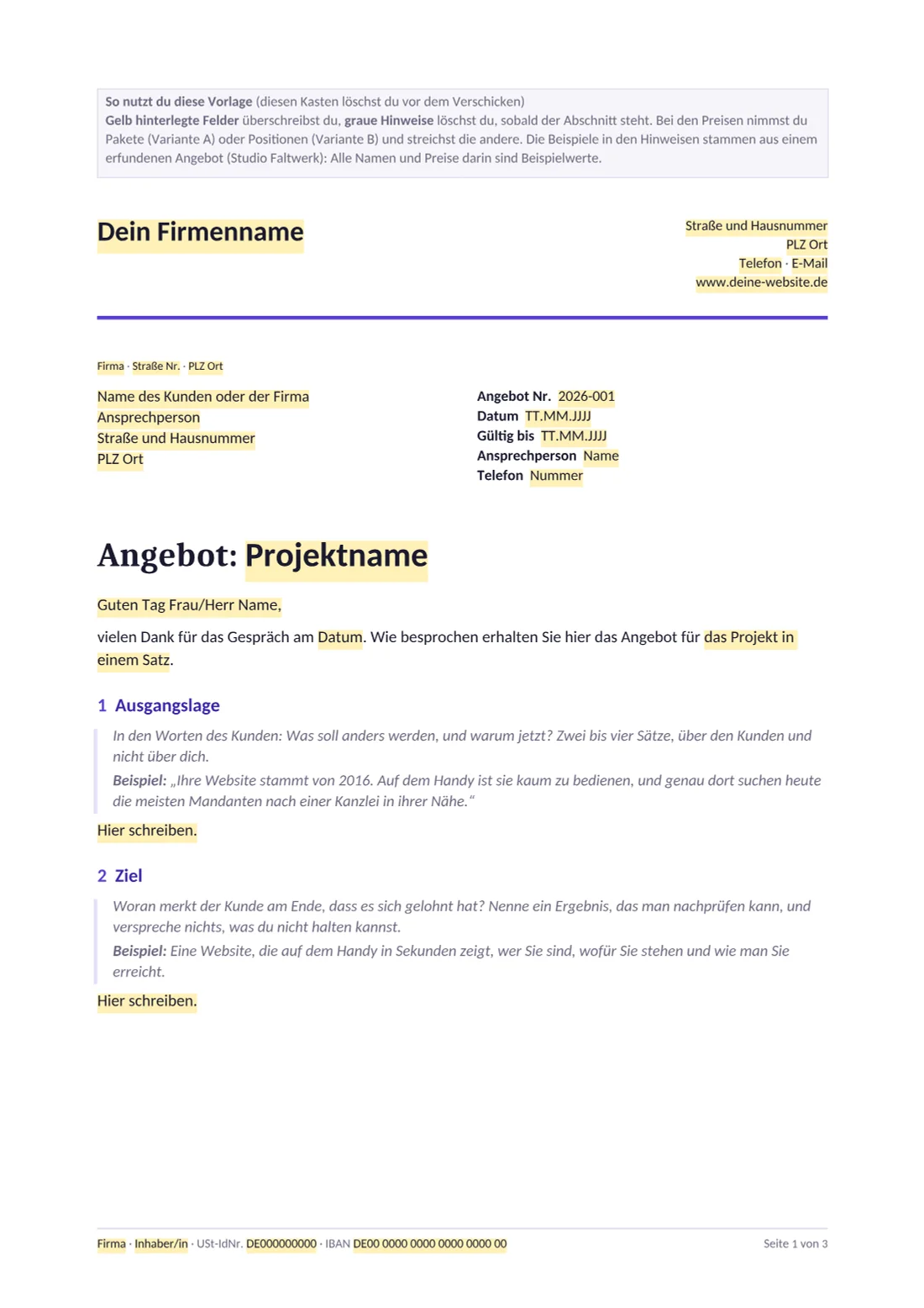Angebot-Vorlage, erste Seite mit Briefkopf, Empfänger, Angebotsdaten, Ausgangslage und Ziel