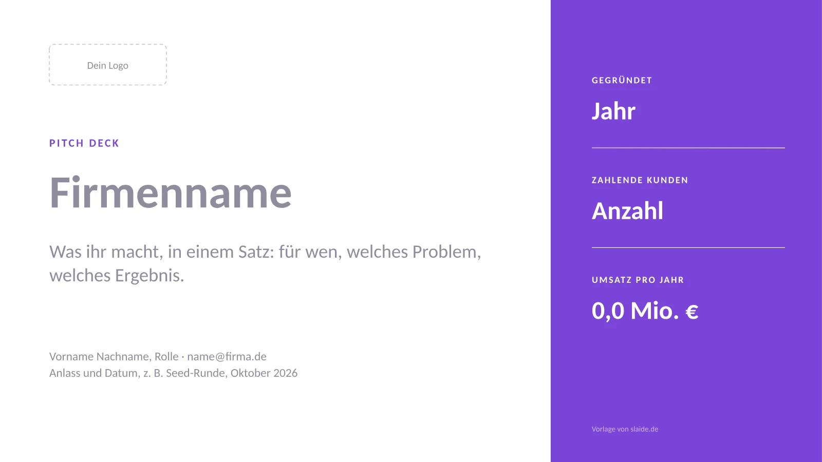 Pitch-Deck-Vorlage, Titelfolie mit Feldern für Logo, Firmenname, einen Satz zum Unternehmen und drei Kennzahlen