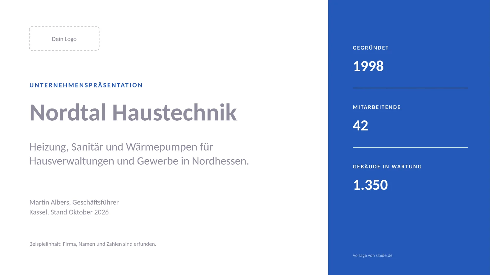 Unternehmenspräsentation-Vorlage, Titelfolie mit Logo, Firmenname, einem Satz zum Unternehmen und drei Eckdaten