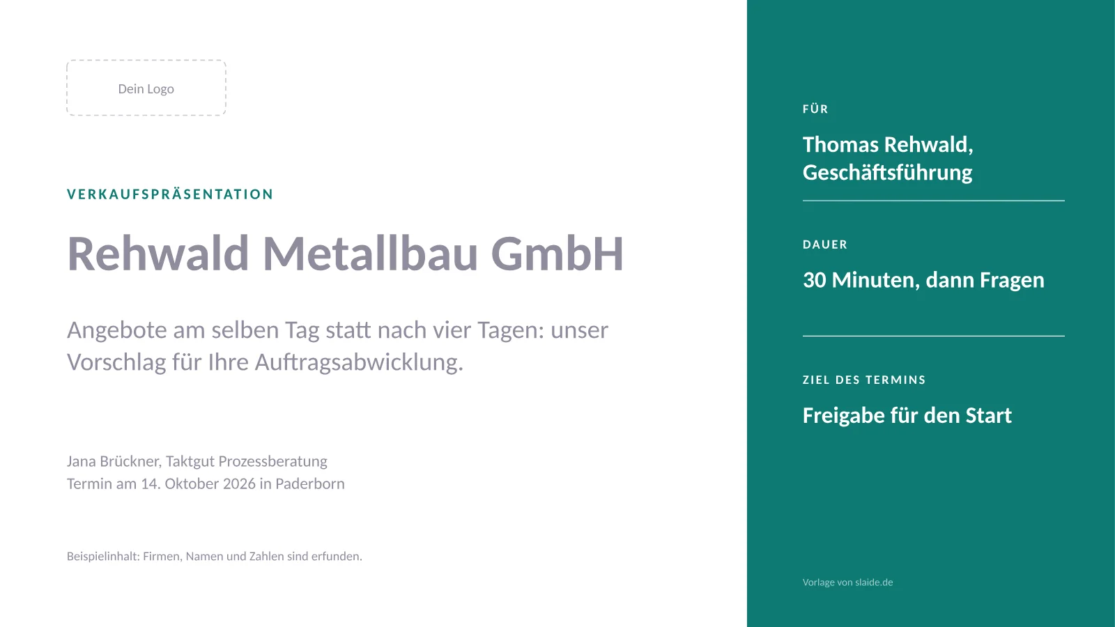 Verkaufspräsentation-Vorlage, Titelfolie mit Kundenname, einem Satz zum Vorschlag, Termin und Ziel des Termins