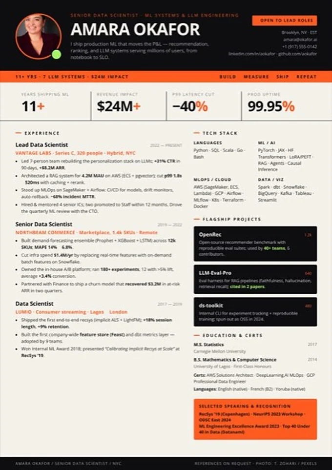 One-page CV of a data scientist with key figures, experience and skills