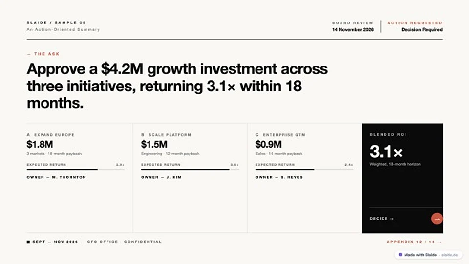 Helle Folie „Approve a $4.2M growth investment across three initiatives“ mit drei Kennzahlen