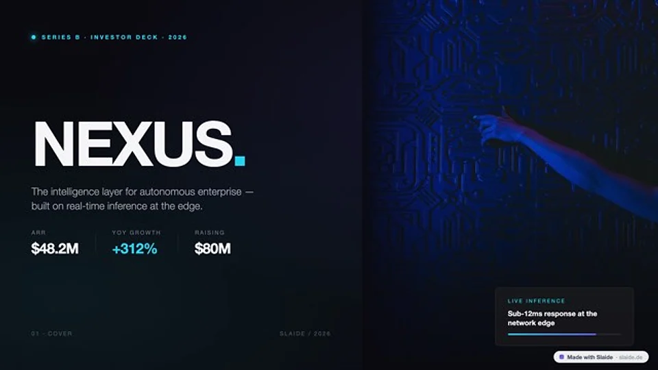 Dunkle Titelfolie „NEXUS.“ mit drei Kennzahlen