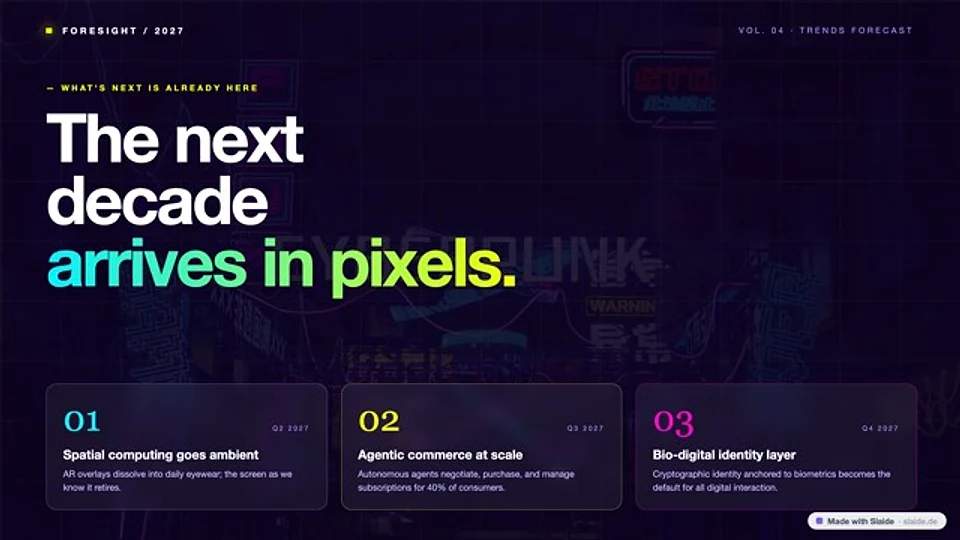 Folie „The next decade arrives in pixels.“ mit drei Spalten auf dunklem Violett